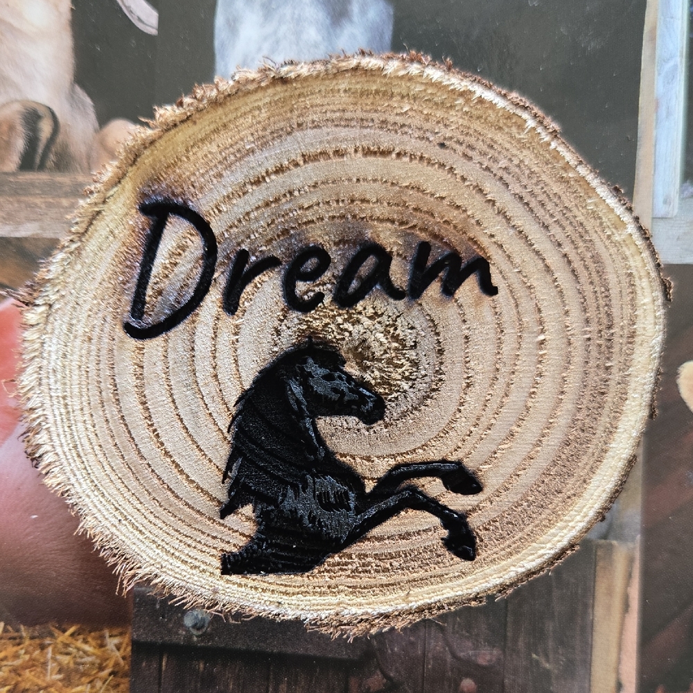 Wooden Plaque with Black Horse Design